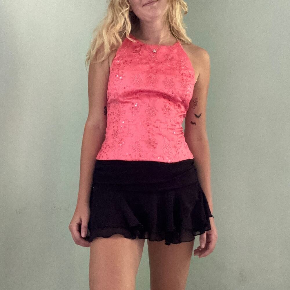 Vintage Y2K Blondie Nites Sequin Beaded Open Back Top Pink Baddie Popstar Party